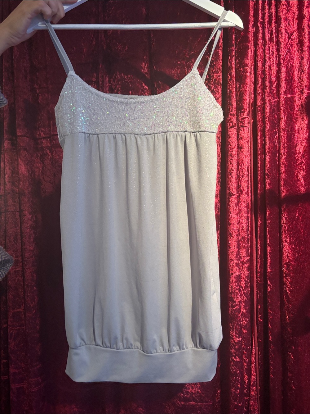 Grey Sequin Spaghetti Strap super mini dress or top.  Sequins on top band.